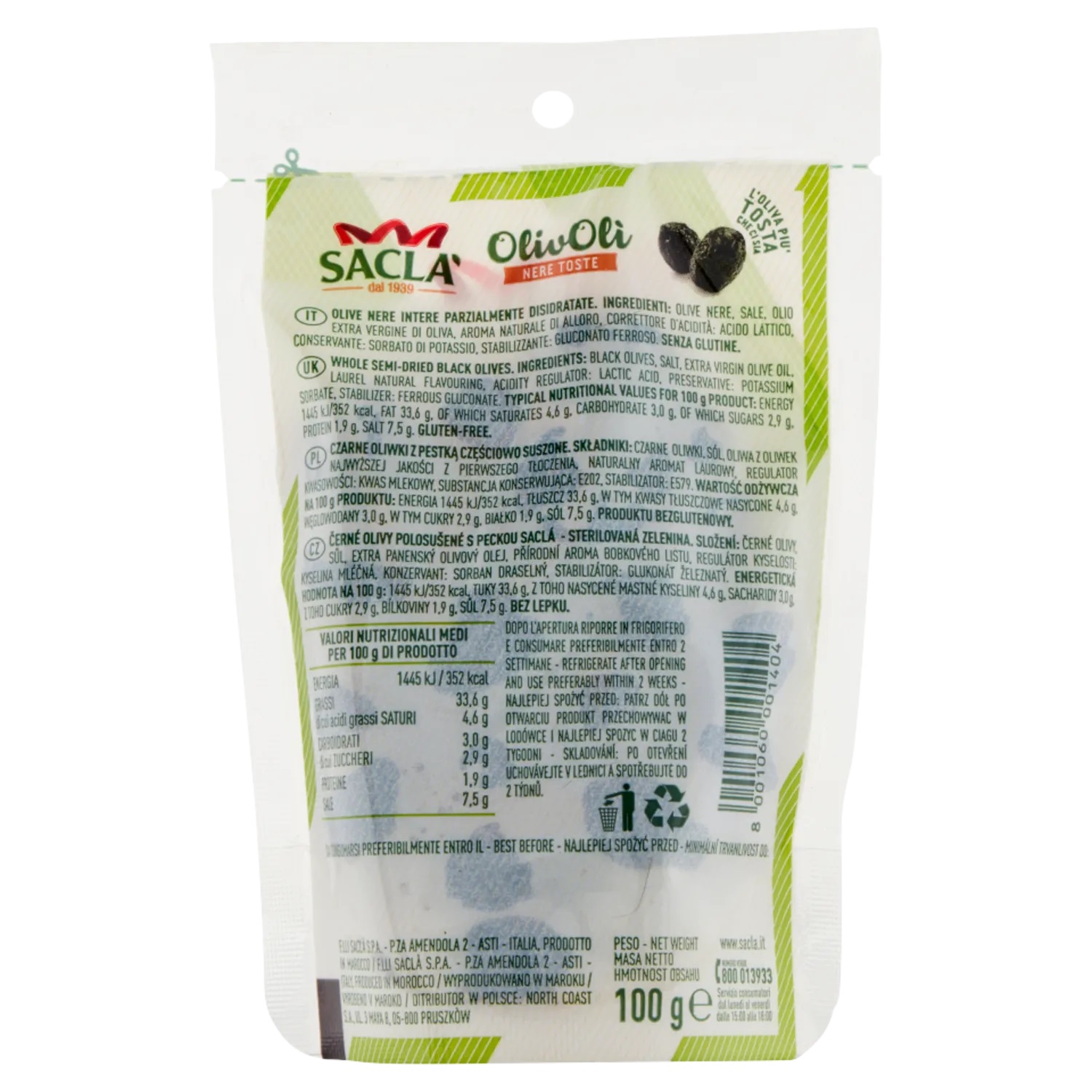 SACLA OLIVE NERE TOSTE 100 GR   XL